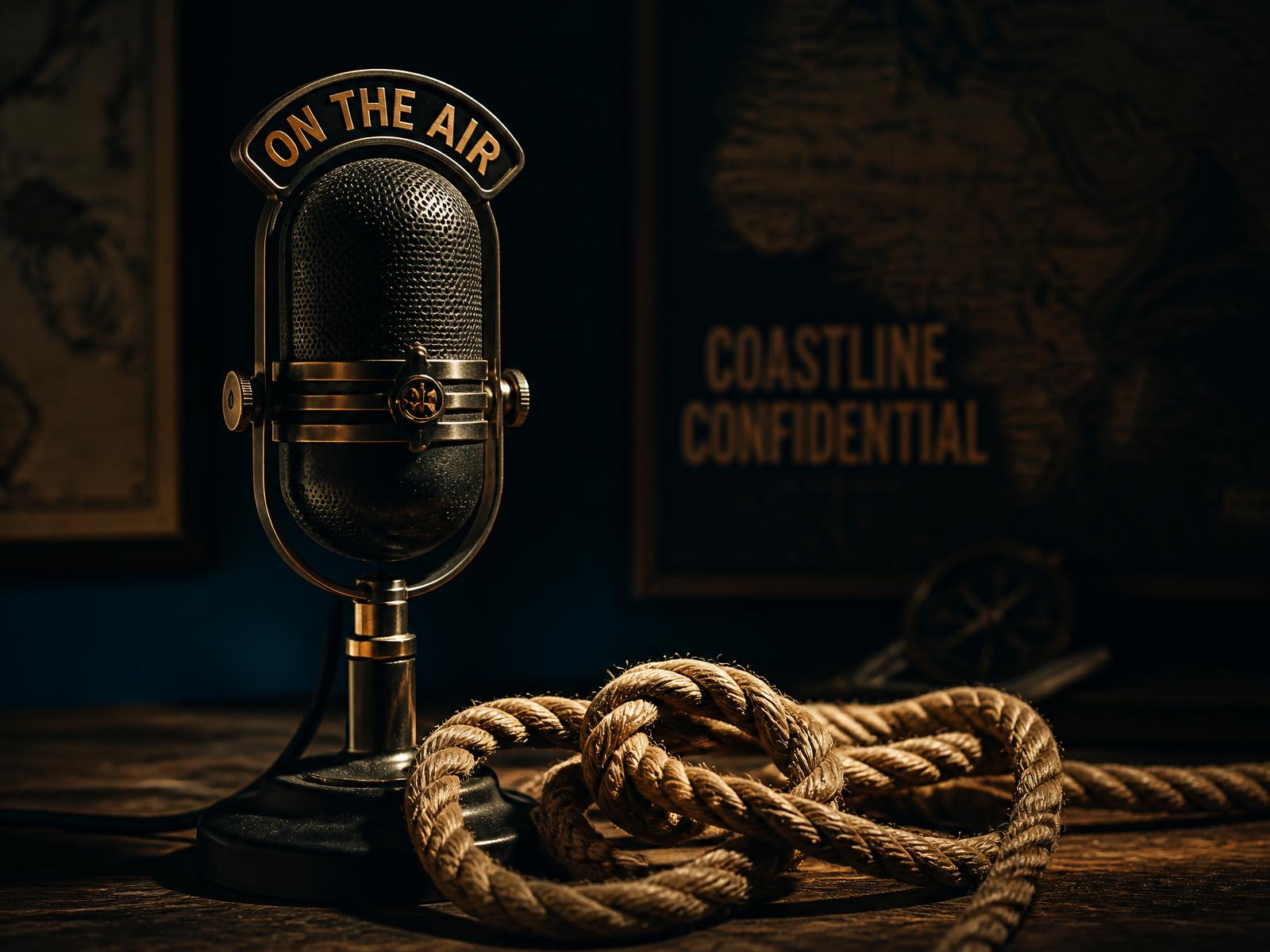 Vintage broadcast microphone lit in warm amber beside a coiled rope knot